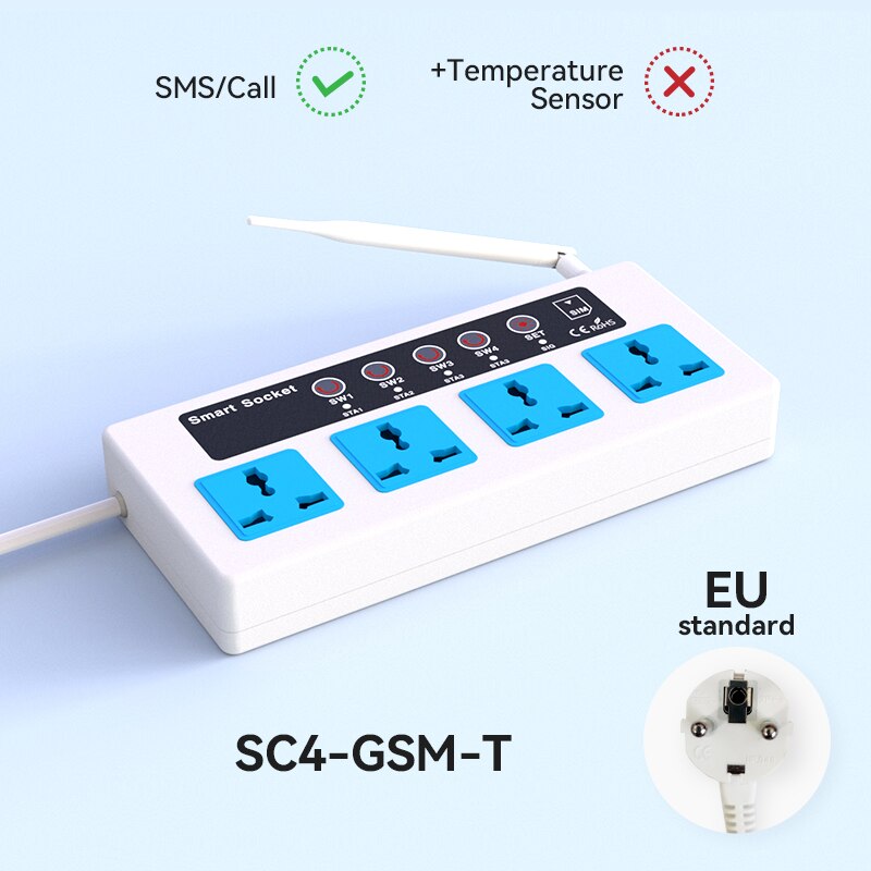 Gsm sms draadloze afstandsbediening slimme schakelaar stekkerdoos jack controller 4 -kanaals relais met temperatuursensor: Eu-aansluiting