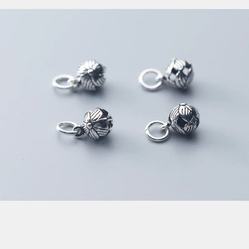 Vintage 925 Sterling Silver Round Flower Ball Charms DIY Women Jewelry Making 8mm Handcraft Hanging Silver Pendants Findings