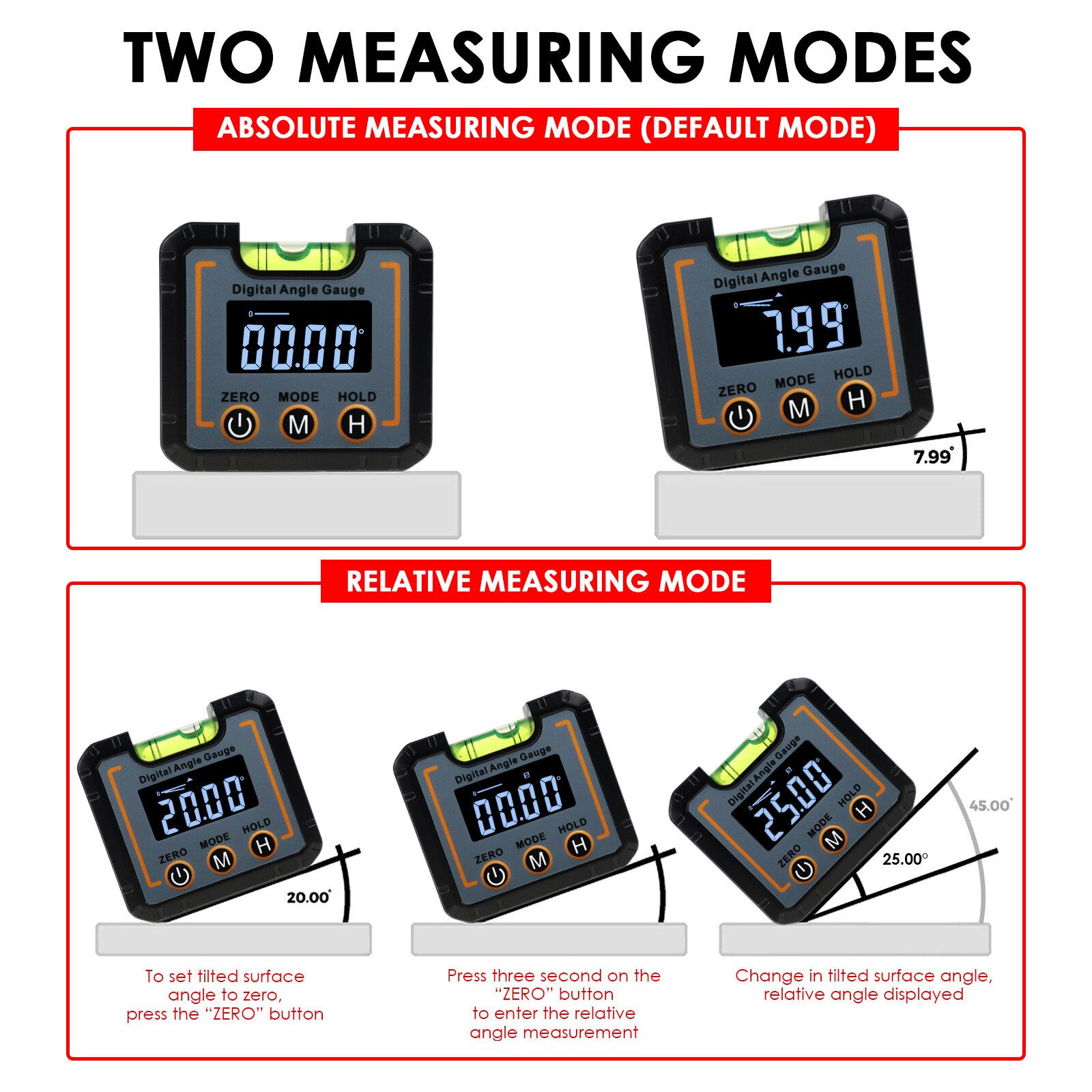 Digital Angle Gauge Electronic Protractor 4 x 90° Magnetic Base with Bubble Level for Woodworker, Craftsman, or Builder