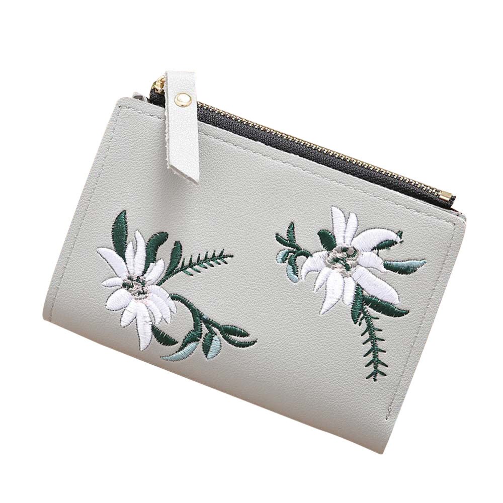 Porte-monnaie brodé en cuir PU pour femmes, porte-cartes à fermeture éclair, court, à loquet Floral, # L10: Gray