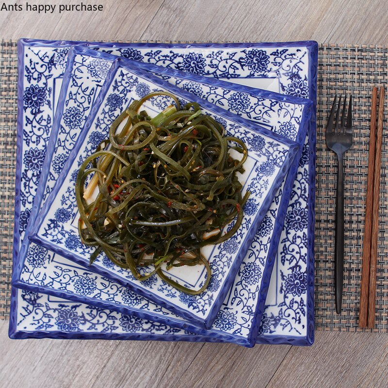 Ceramika niebiesko-biała patelnia robić steków restauracja zachodnia płyta strona główna kwadratowe płytki talerz hotel dekoracyjne zastawy stołbyć winnym płytkie naczynie