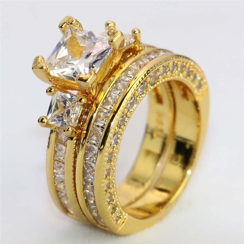 Klassisk gylden romantisk par bryllup forlovelsesring cubic zirconia ring smykker tilbehør valentinsdag