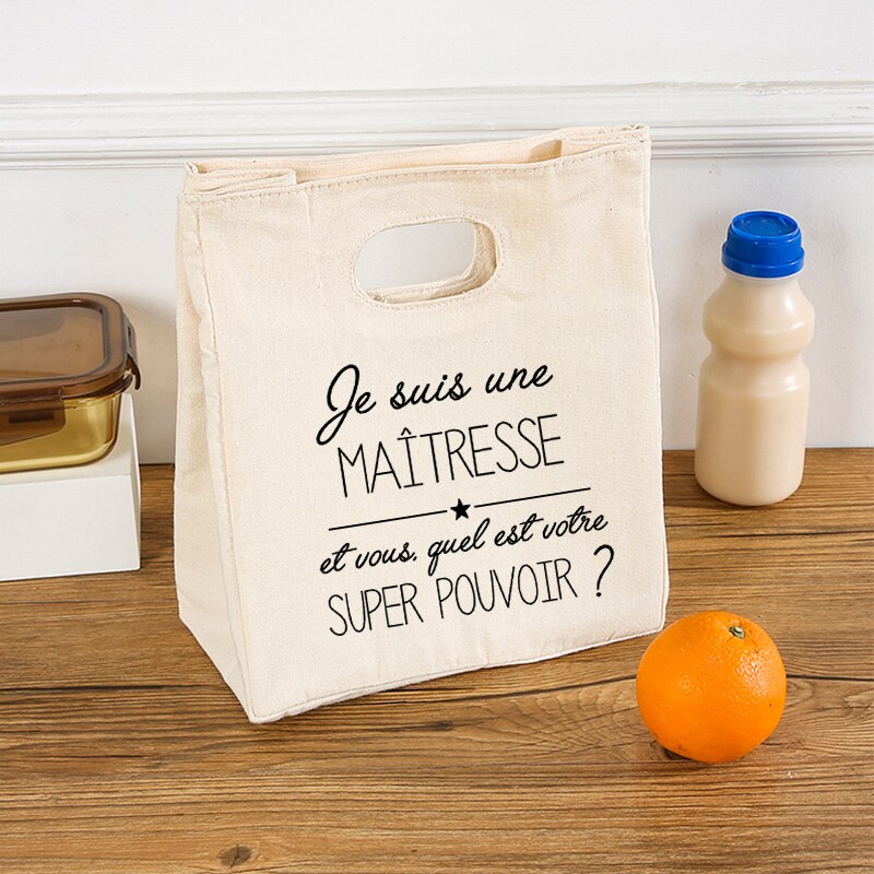 French Print Ice Cream Cooler Bags Lunch Bag Portable Insulated Canvas Bento Tote Thermal School Food Storage Pouch Teacher Gift: Różowy