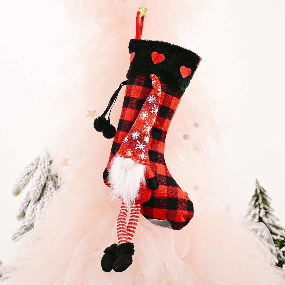 Julstrumpa leggings hängande docka xms-väska noel rutiga strumpor jultomten god jul inredning för hemmet natal dec