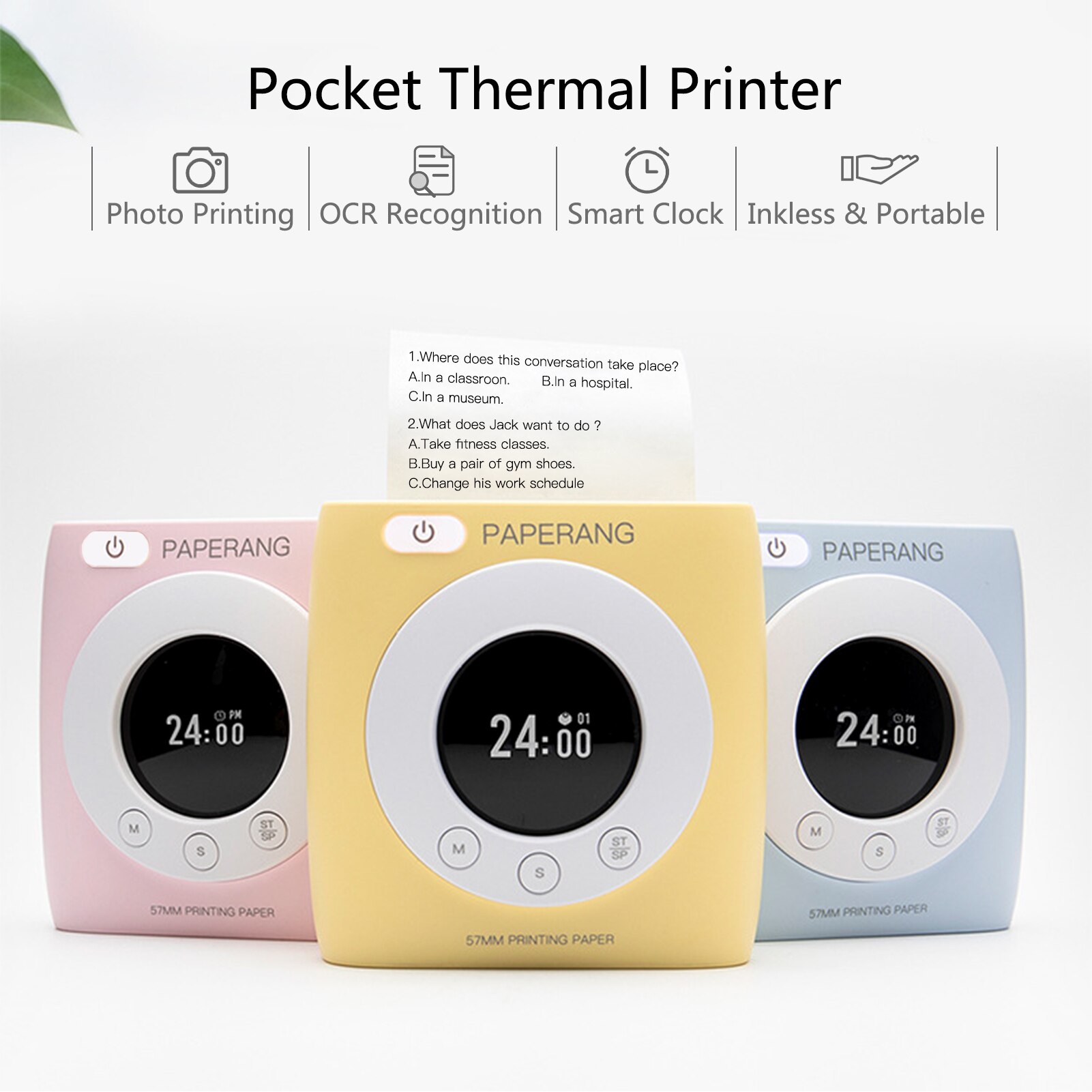 PAPERANG P2S stampante tascabile 300dpi BT stampante termica senza fili mini stampante portatile mobile etichetta adesiva con funzione orologio