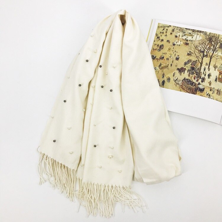 Écharpe de de luxe épais hiver femmes écharpe chaude cachemire étoile perle solide gland châle couverture pour emmailloter Hijab dame écharpe Pashmina: WHITE