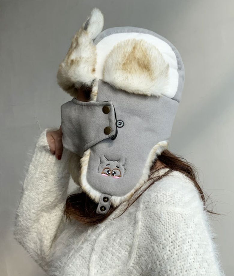 Del ricamo del fumetto di Lei Feng cappello Russia orecchio-sbatté cappello donne cappelli bombardiere caldo di spessore cappello di inverno tutto'aperto: grigio