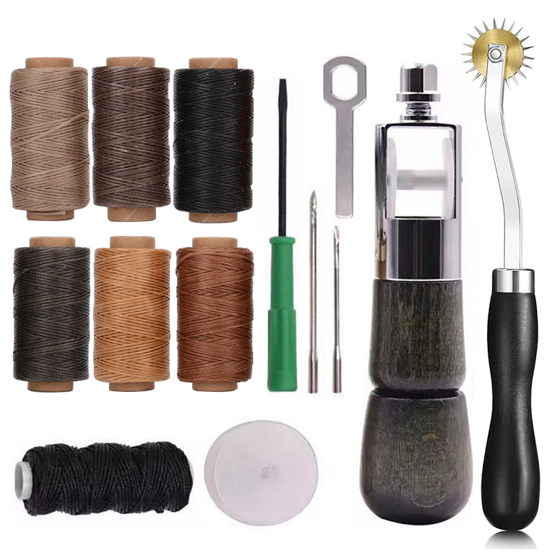 Leather Sewing Awl Set with Flat Waxed Thread Overstitch Wheel Needle Shoemaker Stitch Awl Manual Speedy Stitcher Leathercraft