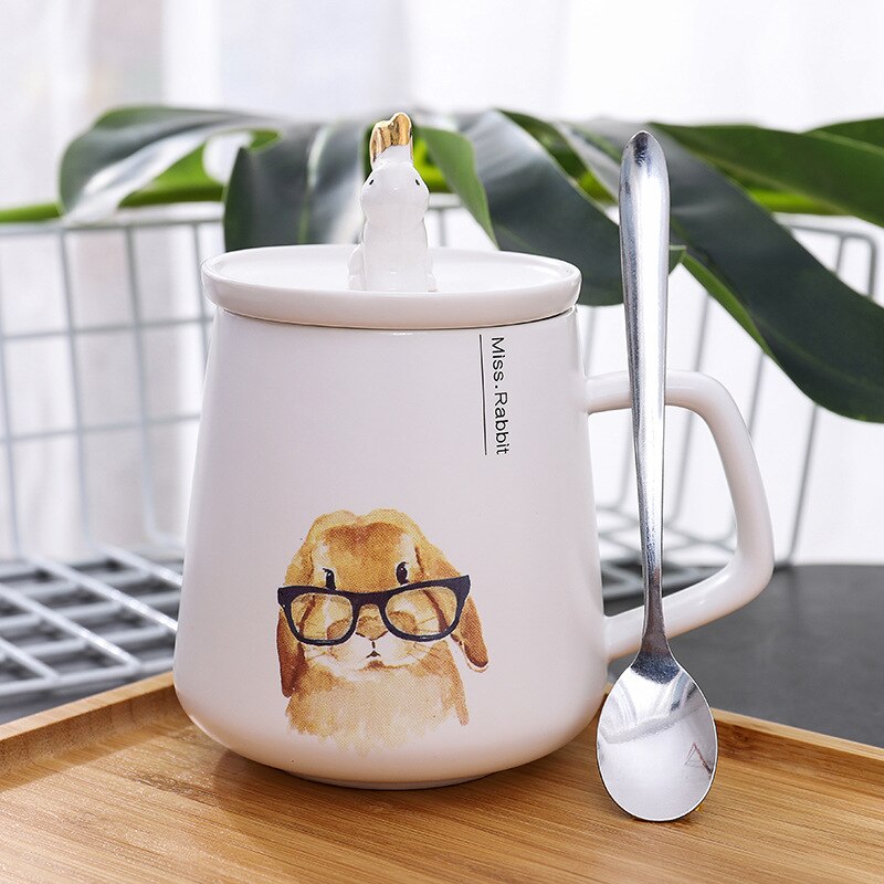450ml cartoon konijnen keramische mok met deksel lepel handbeschilderde koffiemok melkbeker voor student jongen meisje: D