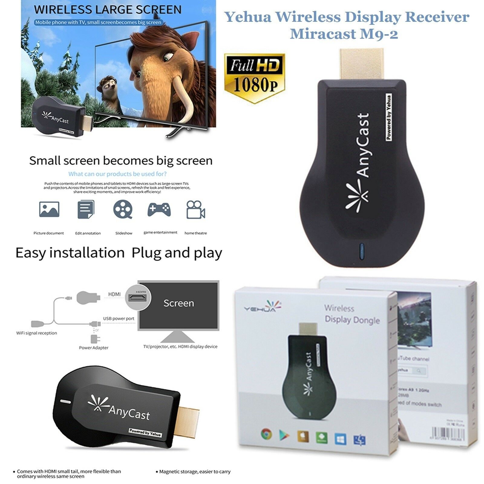 AnyCast WiFi kabellos Anzeige Empfänger M9-2 Dongle1080P TV DLNA luftspiel Miracast