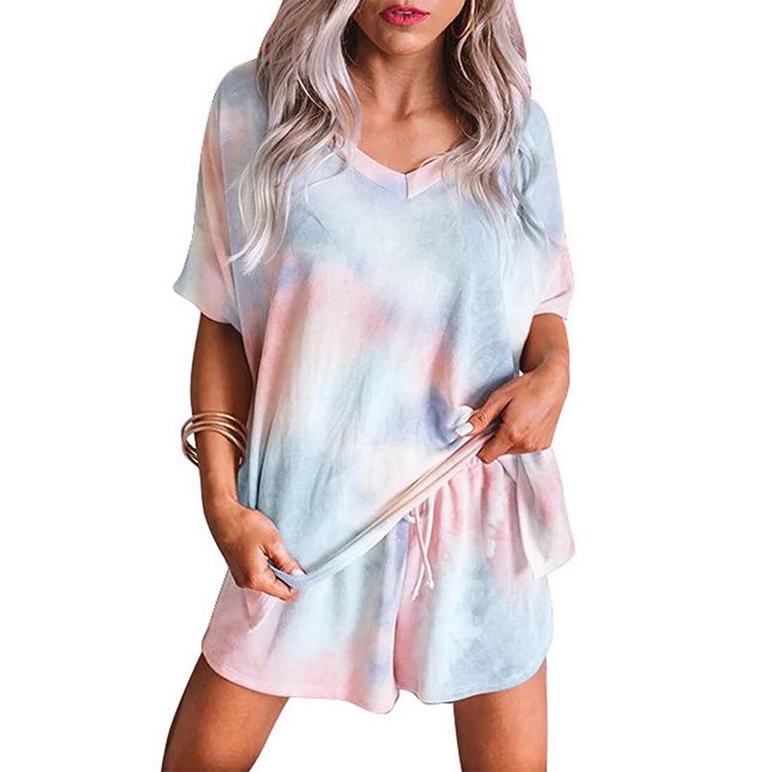 Vrouwen Nachtkleding Set Tie-Dye Leisure Korte Mouw Pyjama Set Vrouwelijke Nachtkleding Top Sport Shorts Homewear Pigiama: light purple / Asian Size L