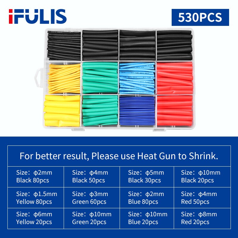 Tubes thermorétractables pour isolation, 800/780/580 pièces, gaine rétractable pour câble de voiture 2:1, plusieurs couleurs: 530PCS (Box)