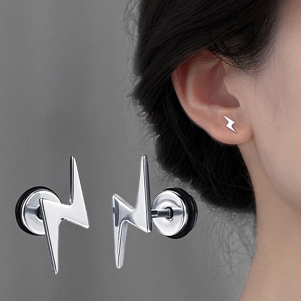 1 paar Mens Kühlen Blitz Förmigen Zucht Ohrringe und Schwarz Tonne Edelstahl Zubehör