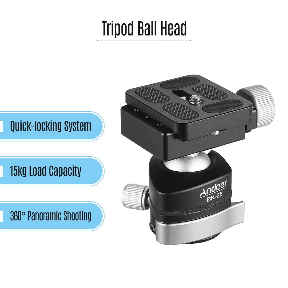 Andoer BK-25 statyw ze stopu aluminium głowica kulowa adapter robić montażu z 1/4 cala lub 3/8 cala śruba maksymalne obciążenie 15 kg/33lbs