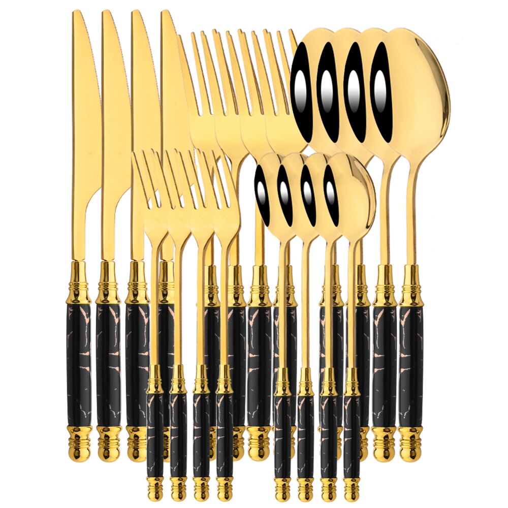 4/20PCS Gold Stainless Steel Flatware Cutlery Set Dinnerware Set Emerald Marble Ceramic Handle Knife Fork Tea Spoon Dinner Set: Black Gold