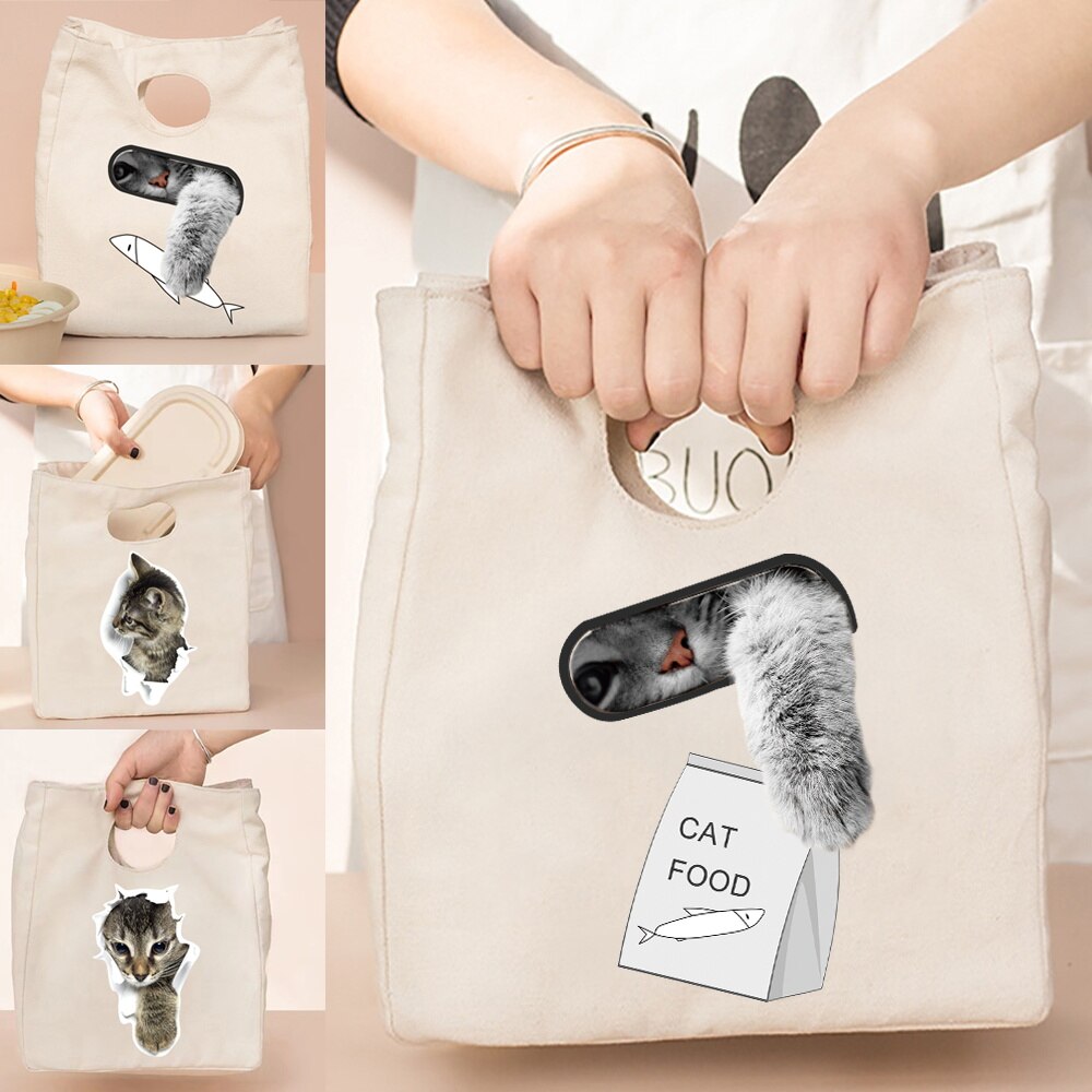Gecontracteerde Stijl Geïsoleerde Lunch Tas, Duurzaam Bento Pouch, Thermische Lunch Box, Cooler Tassen, kat Print Lunch Container Bag