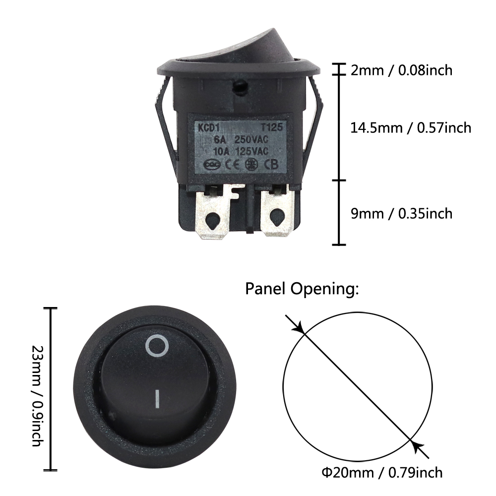 20mm Round Rocker Switch Square Base Black/Red 6A 250V DPDT Power Switches: Beige