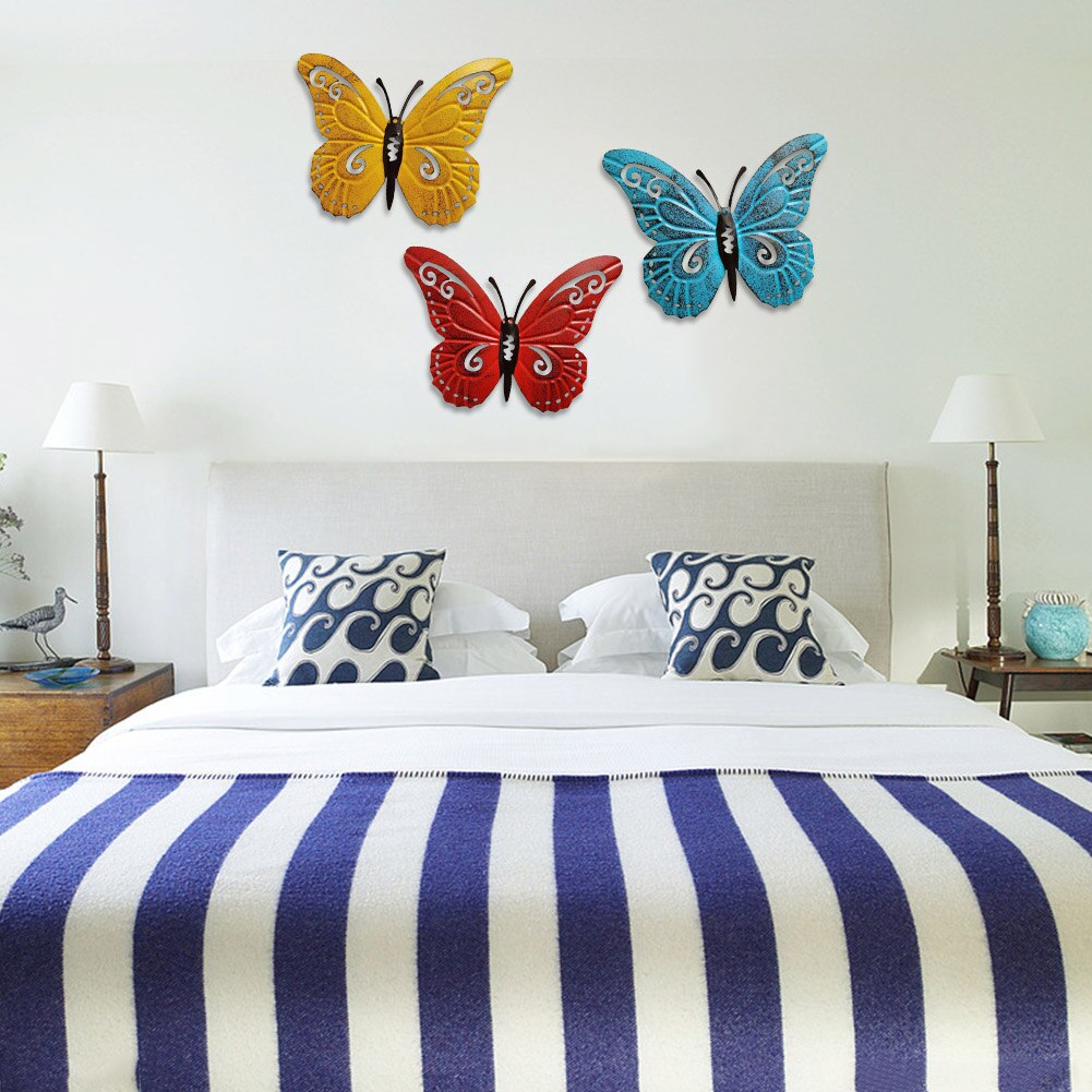 3pcs/set Home TV Background Bedroom Colorful Living Room Office Wall Decor Metal Butterfly Simulation Artificial Outdoor Garden