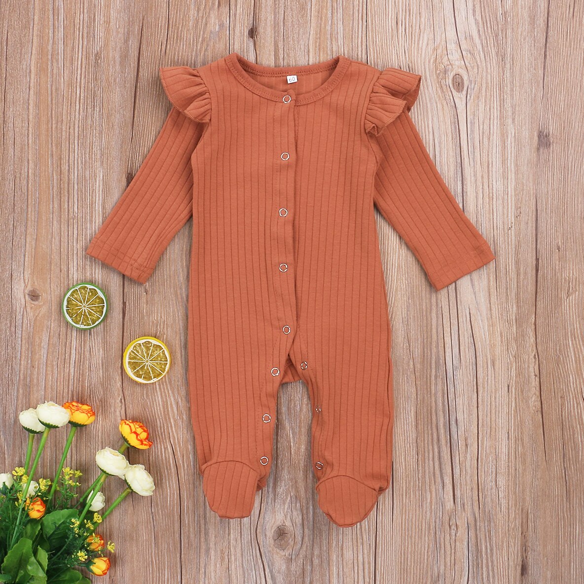 0-6M Pasgeboren Baby Jongens Meisjes Footies Solid Ruches Lange Mouwen Knit Enkele Breasted Herfst Jumpsuits 4 Kleuren