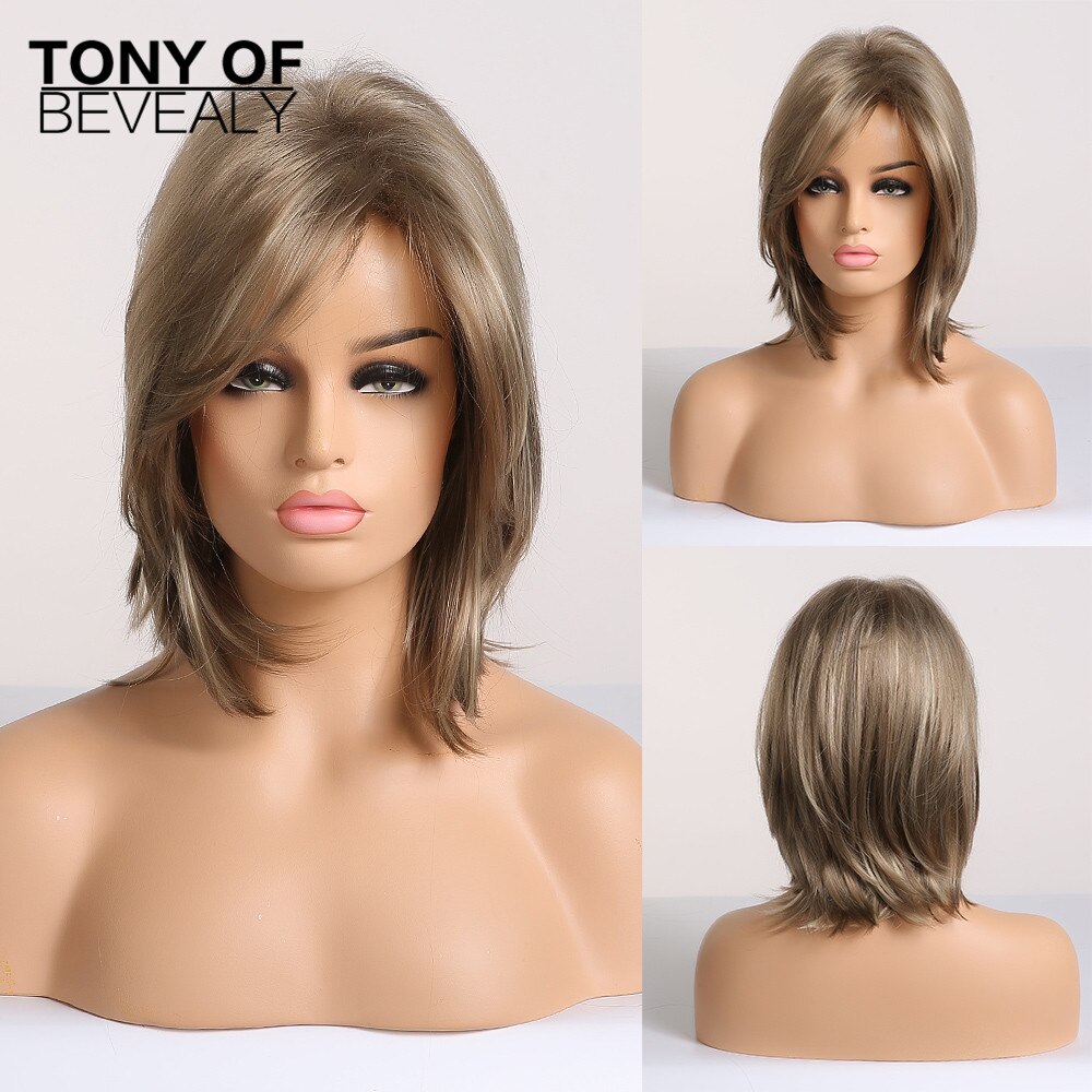 Bob corto-Peluca de cabello lacio Castaño para mujer, pelo sintético con flequillo, capas esponjosas, pelucas para uso diario, fibra resistente al calor: ss100-2