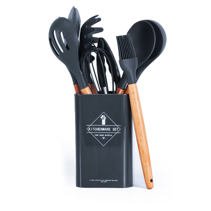 12 Pçs Siliconen Utensílio De Cozinha Conjunto Bpa Livre Não Tóxico Utensílios De Cozinha Alça De Madeira Com Caixa De armazename: Donker Kaki