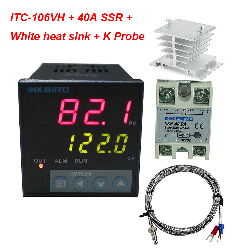 Inkbird ITC-106VH PID Temperature Controllers + K sensor + 40A SSR + heat sink, Solid State Relay for Sous Vide, thermocouple k: 40A SSR white
