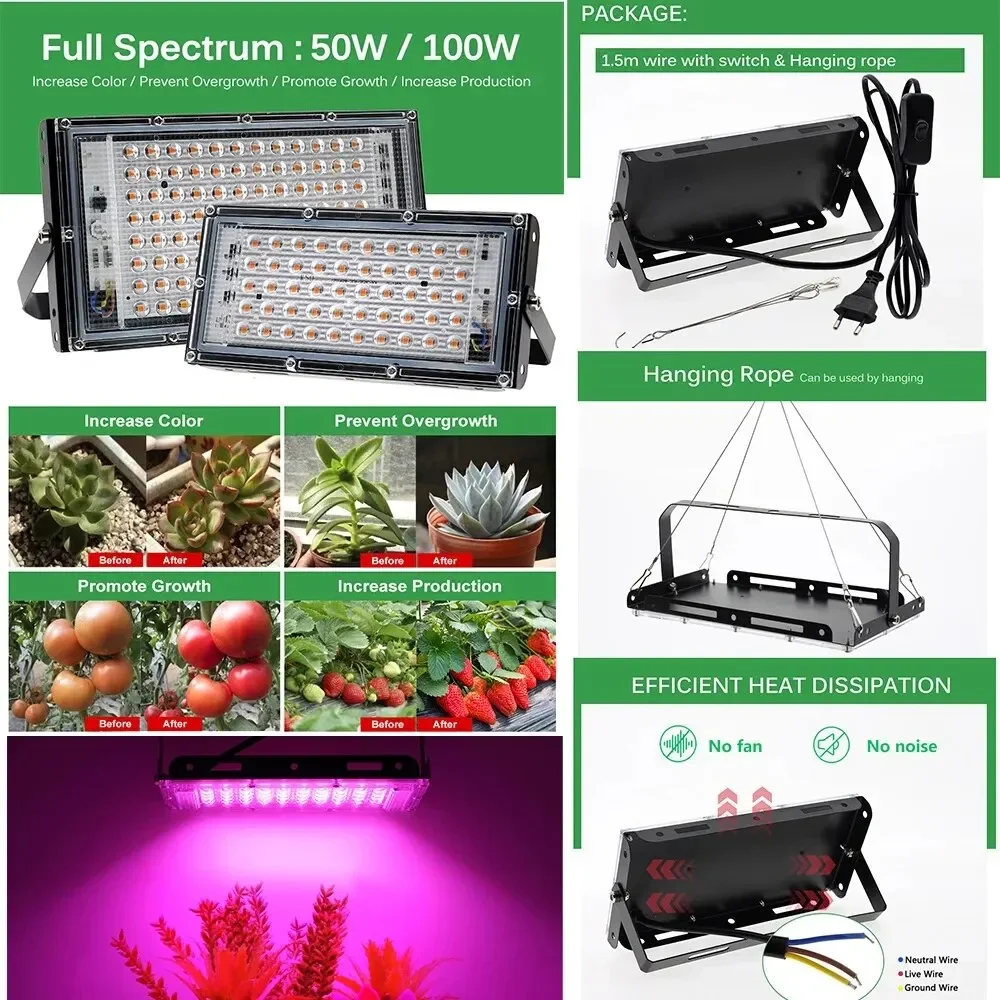 LED-Pflanzenlampe Vollspektrum-Phyto-Lampe AC 220V 50W 100W 200W 300W für Gewächshaus-Hydrokultur-Pflanzenwachstumsbeleuchtung mit EU-Stecker
