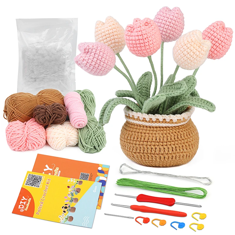 Kit de flores de ganchillo para principiantes con instrucciones, hilo de tejer, agujas de gancho, juego de accesorios de punto fácil, artesanía DIY: Gris claro
