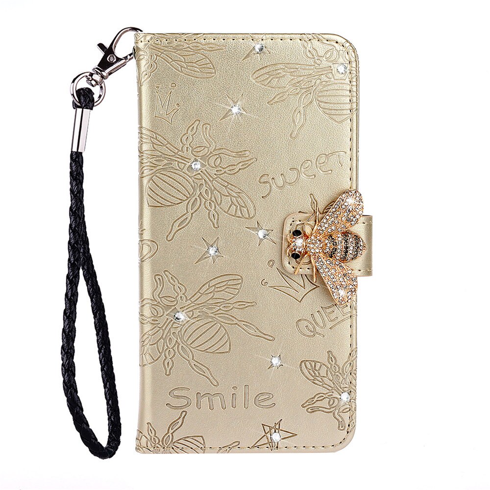 Bee Rhinestone Diamond Book Case Cover for Xiaomi Redmi 7 7A Note 7 8 Pro Luxury Flip Glitter Shell With Hand Rope: Redmi 7A / Gold