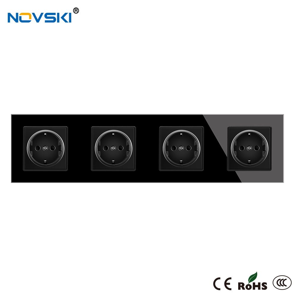 EU Wall Crystal Glass Black Panel Power Socket Triple German Plug Grounded, 16A Quadruple Electrical Socket, 15 Years Warranty: Quadruple Outlets