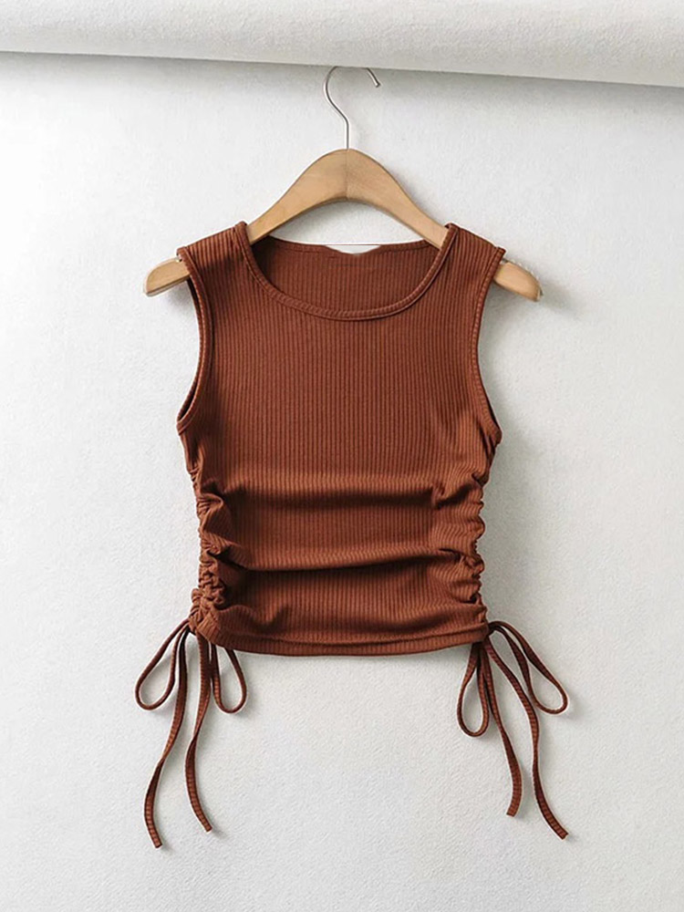 Sommer kvinder ensfarvet sexet afslappet crop top med streng på begge sider til damer: M / Brun