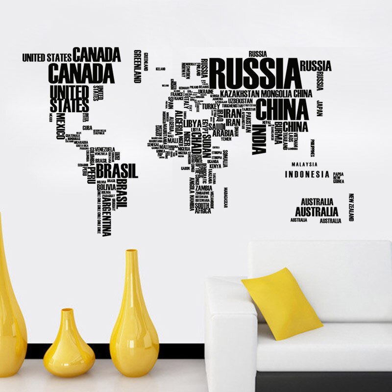 Sort verden rejsekort aftagelige bogstaver wallstickers stue boligdekoration pvc decal vægmaleri kunst diy wallsticker