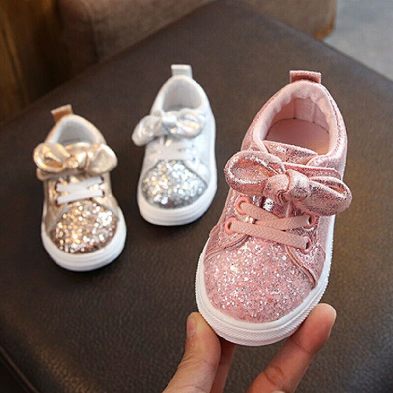 Chaussures de Sport pour petites filles de 1 à 3 ans, baskets à paillettes avec nœud, à semelle plate, brillantes, à la , 1 paire