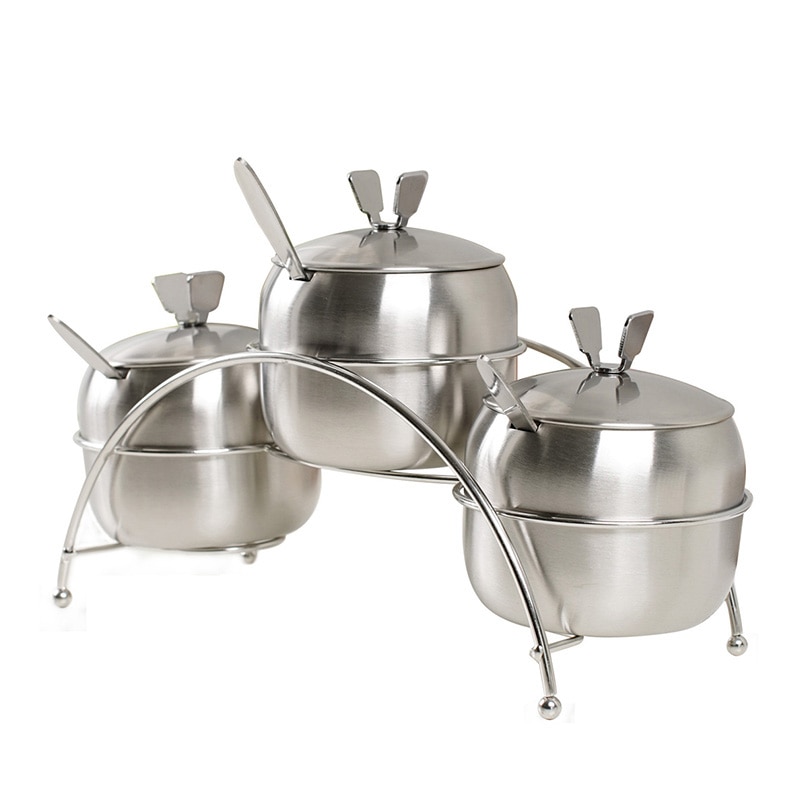 Conjunto de 7 unidades de utensilios de cocina en forma de manzana, recipiente para condimentos de acero inoxidable, recipiente para especias, Bol para azúcar, sal, jarros para servir cucharas