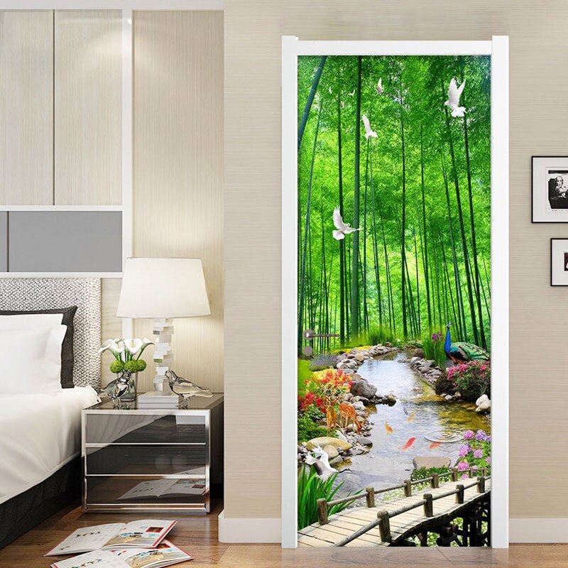 Green Bamboo Forest Painting Door Sticker Home Decor Living Room Kitchen Waterproof PVC Self-Adhesive Door Sticker Wallpaper 3 D