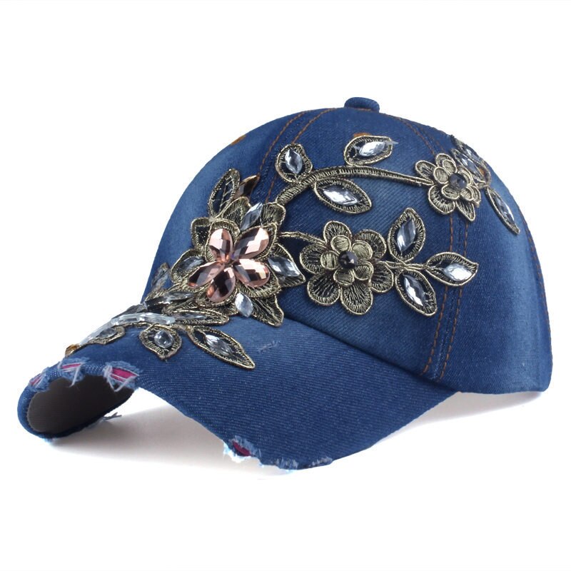 Mærke baseball kasket blomster bling diamant kanvas snapback kasketter til kvinder kvindelig solhat rhinestone denim kasket hatte: Denim 3