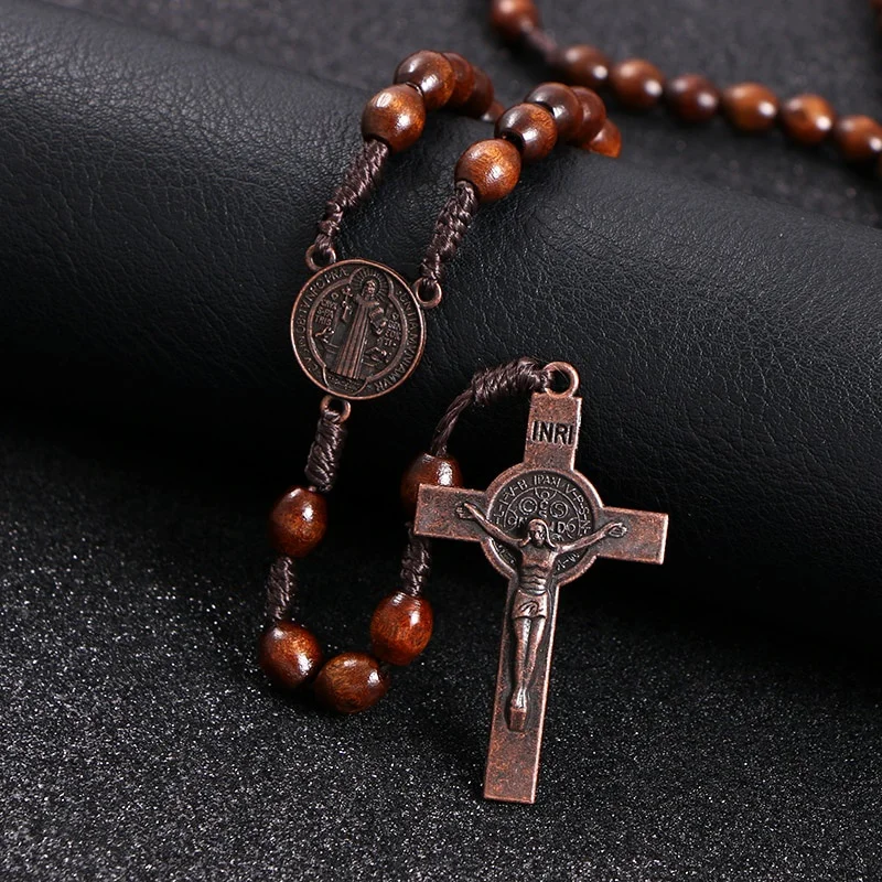 Chrystus Jezus Drewniane koraliki 8mm Różaniec Koralik Krzyż Samochód Wisiorek Tkany Łańcuch Naszyjnik Religijna Ortodoksyjna Biżuteria Modlitewna