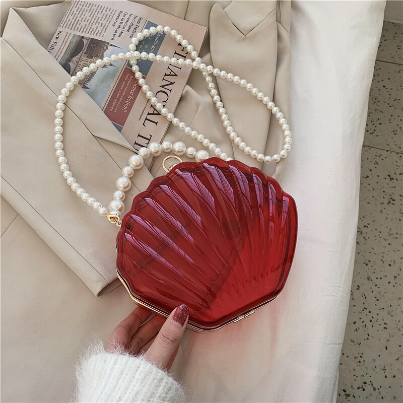 Acrylic Tote Transparent Shell bag PVC Women's Handbag Pearl strap Shoulder Messenger Bag: Red