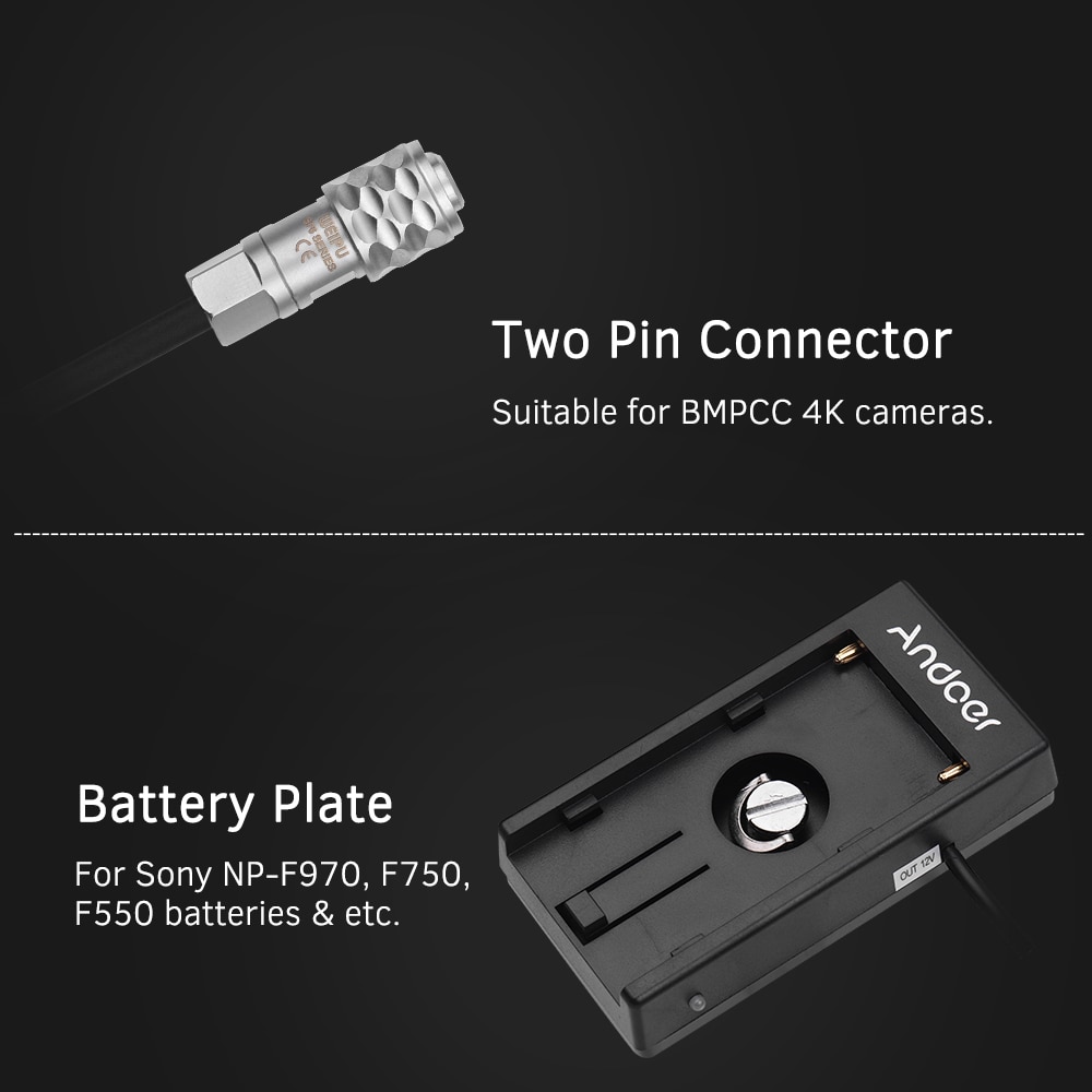 Andoer Blackmagic Cinema Cámara BMPCC 4K fuente de alimentación adaptador de placa de montaje con Cable de resorte para Sony NP-F970 F750 F550 batería