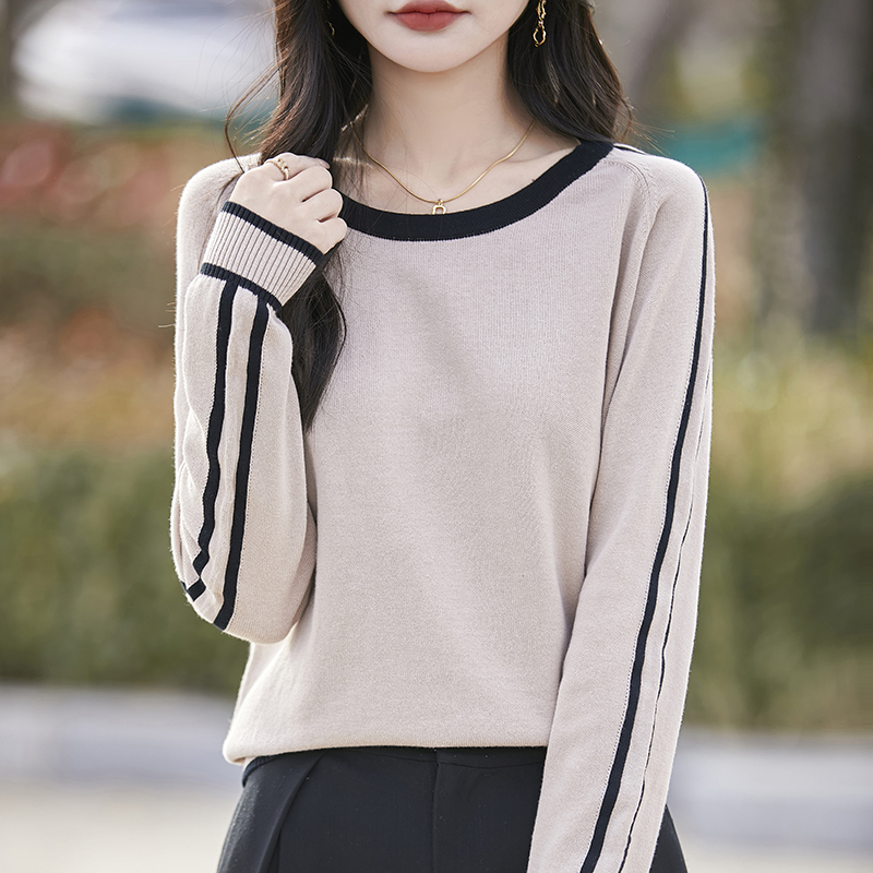 Forår efterår strikket bomuldstrøje dame langærmede toppe stribet dame løse basisvarer patchwork blød pullover