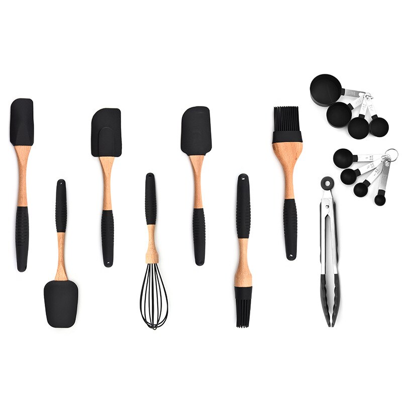 Silicone Cooking Tools Set Wood Turner Soup Spoon Spatula Brush Scraper Pasta Server Gloves Egg Beater Kitchen Utensils Kit Set: 10PCs-A