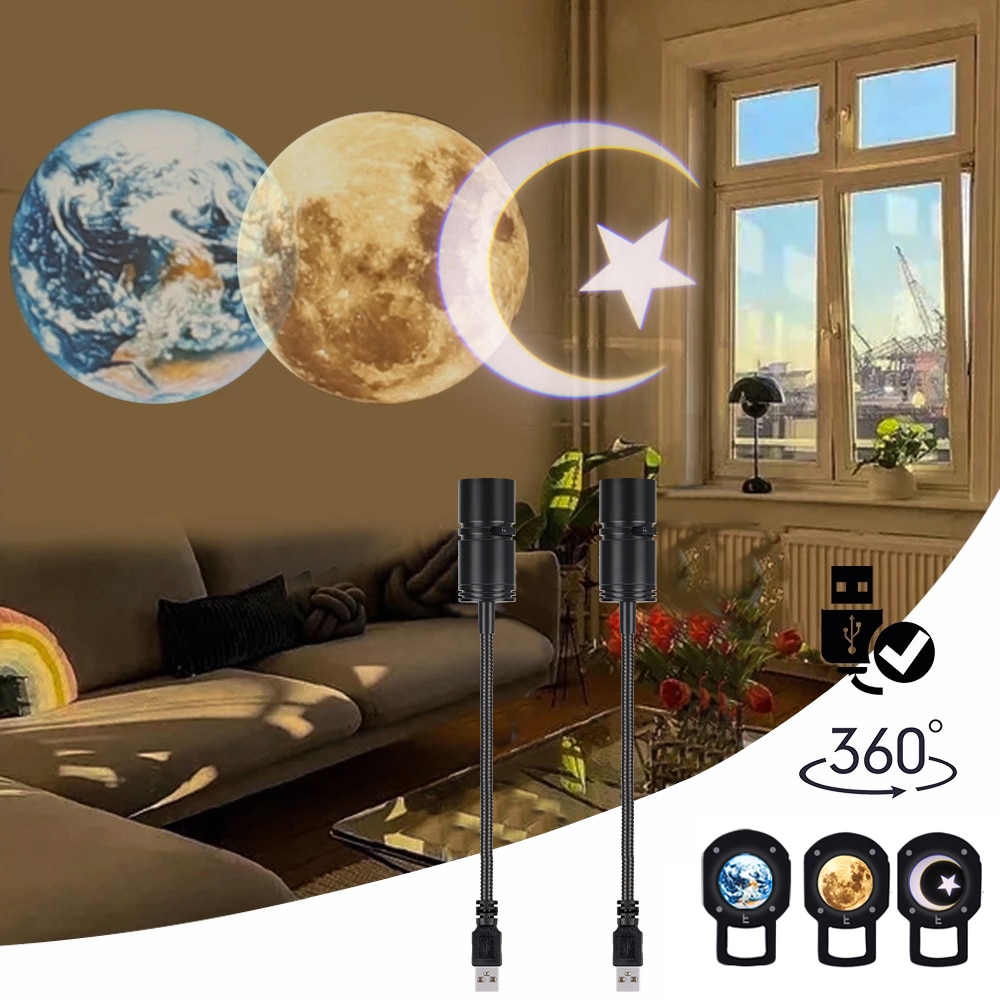Himmel projektor nattlys planet magisk måne jord projeksjon ledet lampe 360 ° roterbar usb 5v 3w låve soverom veggdekor belysning