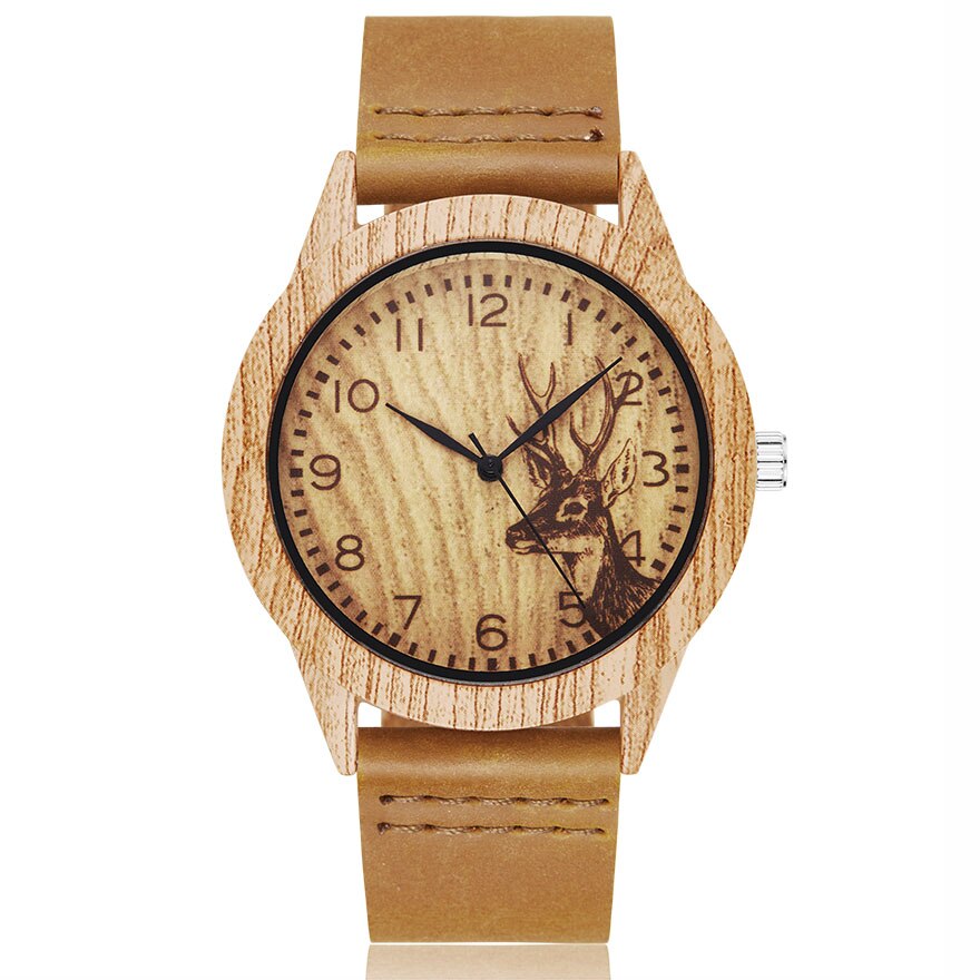 Reloj de pulsera de madera de imitación de árbol y ciervo para hombre y mujer, cronógrafo de imitación de Animal, caja acrílica, color marrón