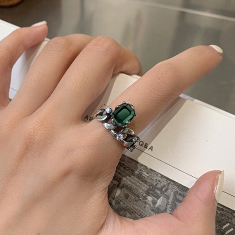 AOMU Retro Distressed Metal Green Zircon Geometric Round Square Luxury Opening Ring for Women Jewelry