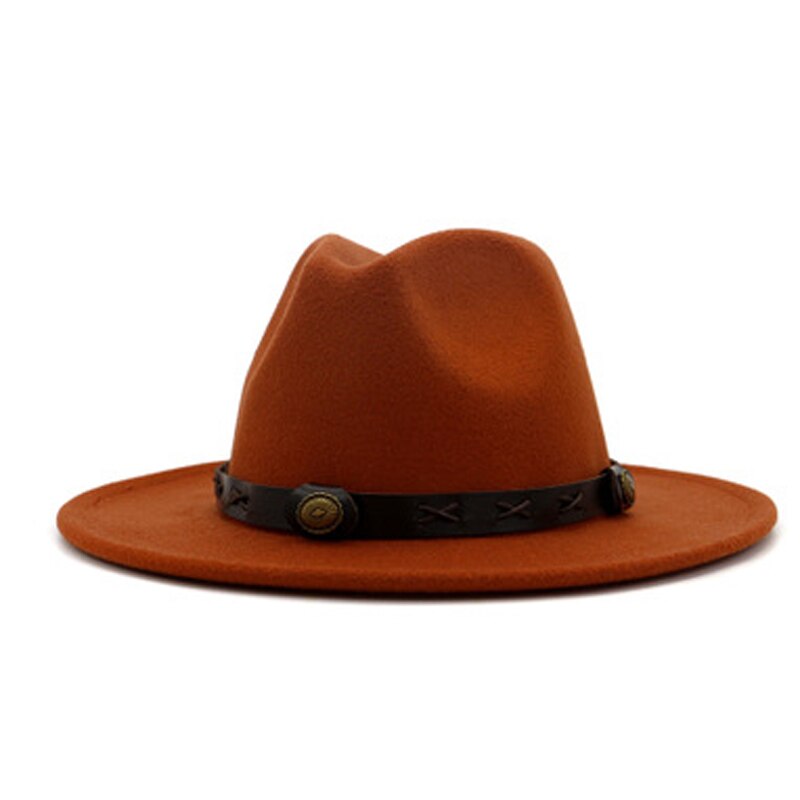 QBHAT uomo donna cappelli Fedora Jazz in feltro di lana tinta unita con cinturino in pelle marrone cappello da Cowboy a tesa larga cappello verde Trilby Panama per la festa: Rust red