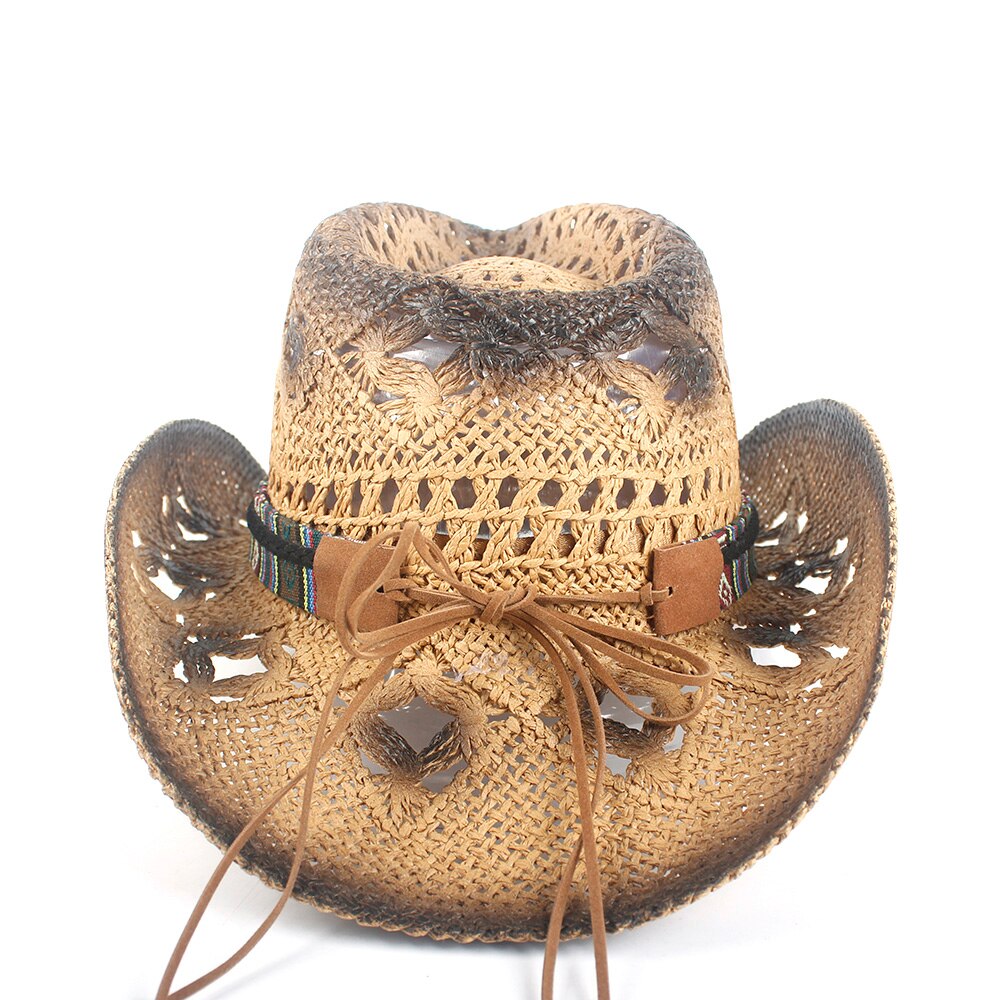 Retro kvinder mænd halm hule vestlige cowboy hat dame håndlavet sombrero hombre strand cowgirl jazz sol hat størrelse 56-58cm