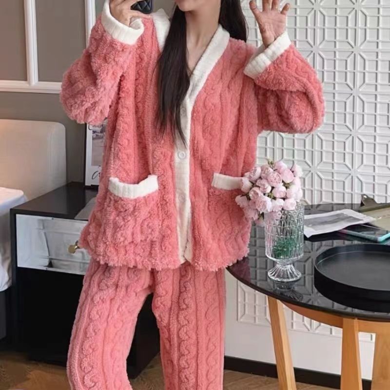Kvinders pyjamassæt vinter nattøj o-hals løs langærmet top elastisk talje ben buksesæt bukser plus størrelse matchende sæt: L / Rød