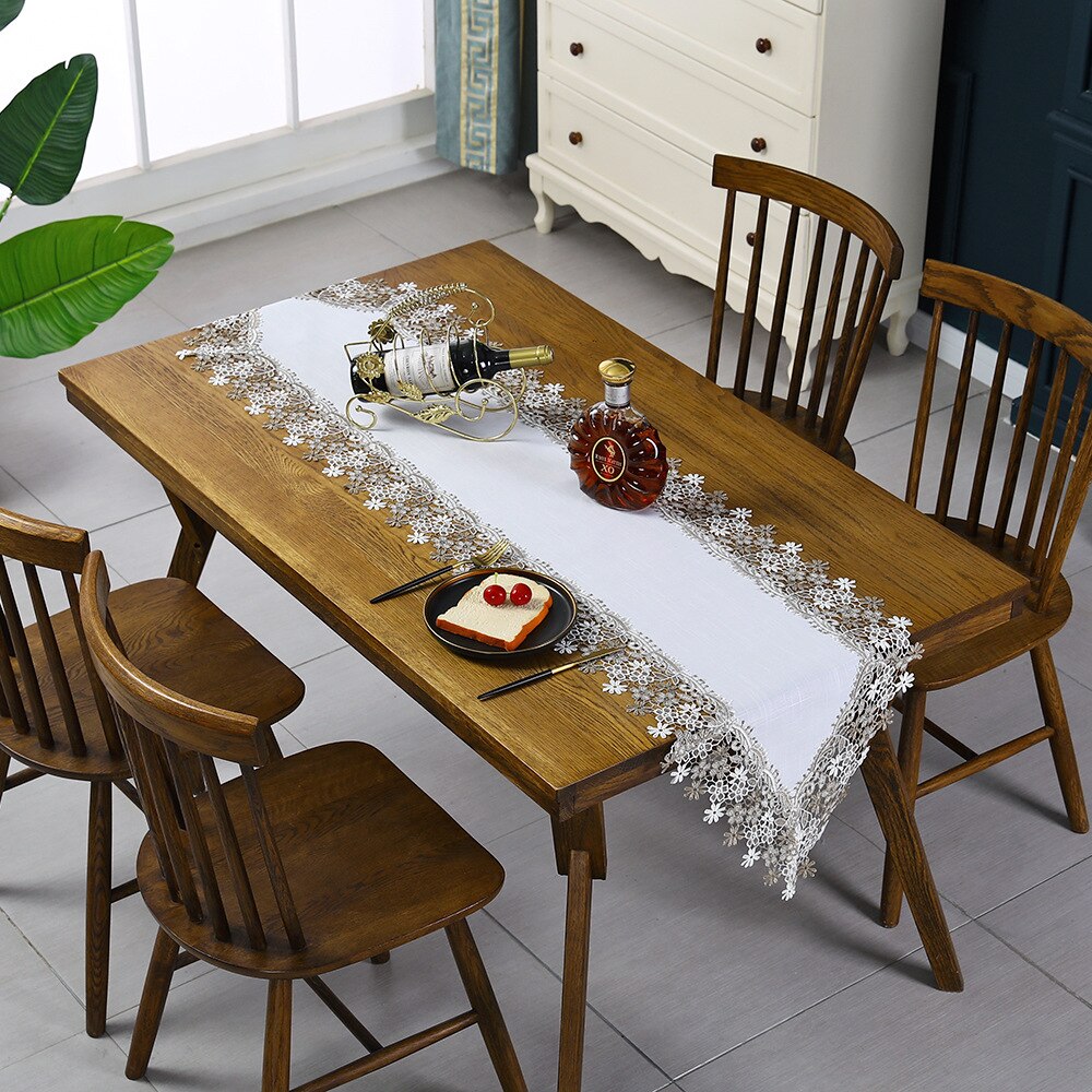 Lace Embroidered Table-runner Decorative Cotton Linen White Lace Embroidery Table Runner