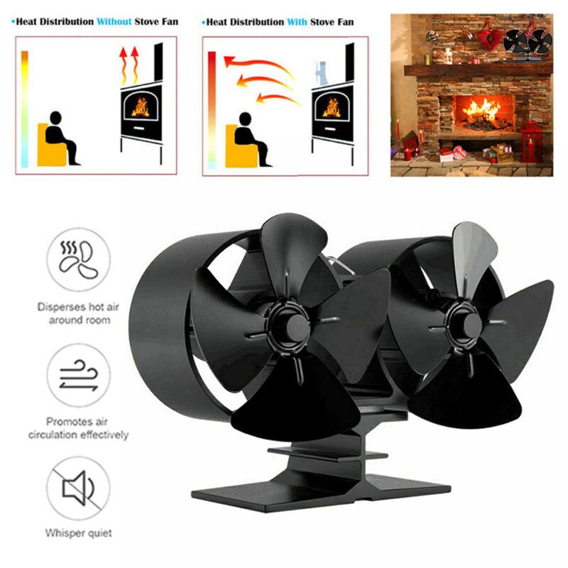 180-210 Double Heat Powered Stove Fan Wood Log Burner Fireplace 8 Blades Blower