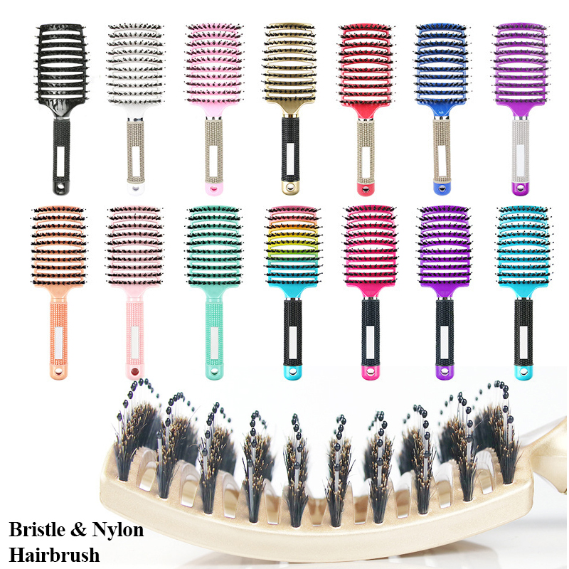 Peigne de Massage du cuir chevelu, brosse à cheveux en poils et en Nylon, brosse à cheveux démêlante humide et bouclée, outils de coiffure pour Salon de coiffure pour femmes